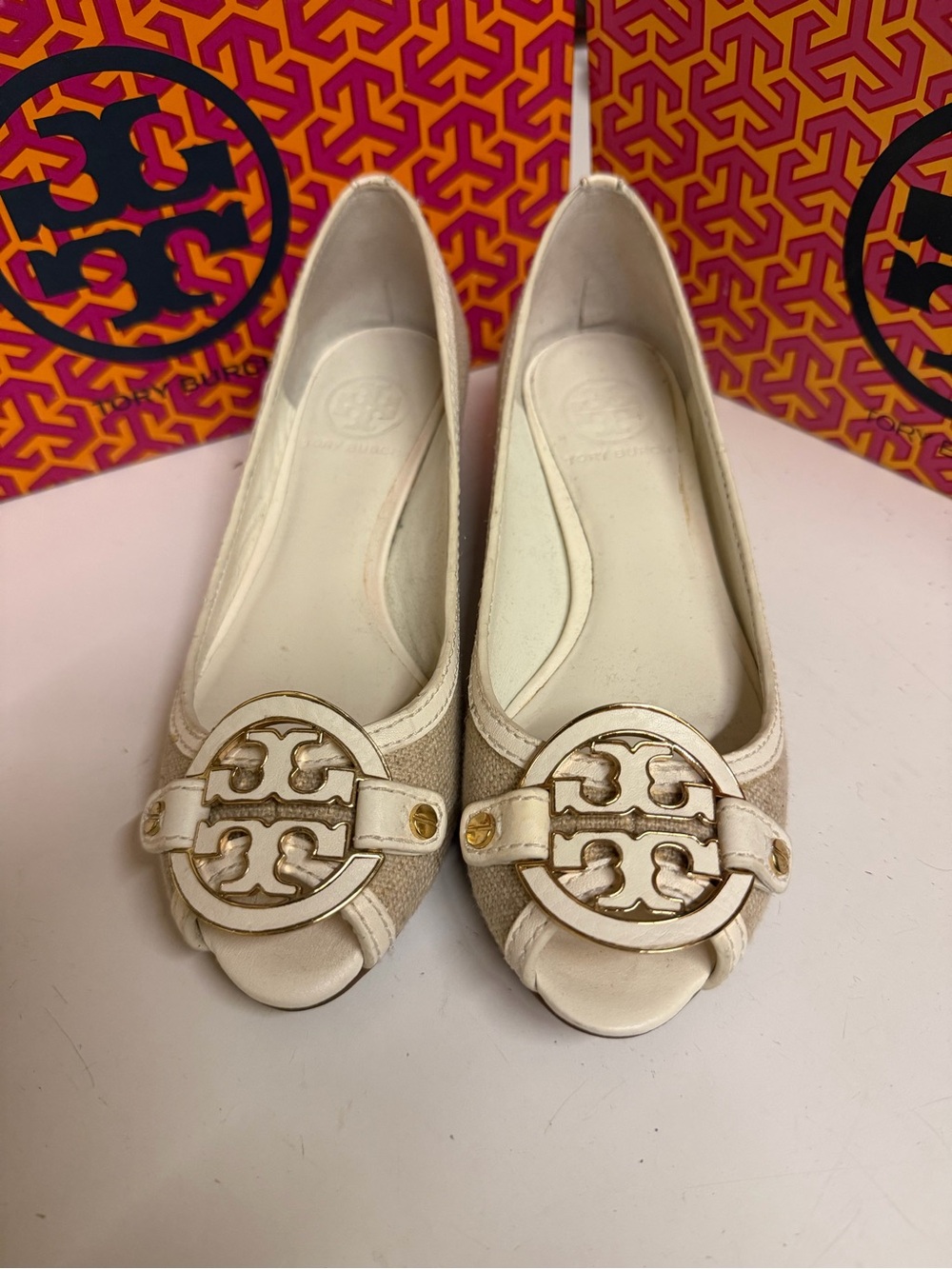 Tory Burch Ivory Peep-Toe Logo Medallion Flats